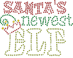 Santa's newest Elf premium rhinestones Christmas Collection design. Many apparel options! Colors: red, green, white & black